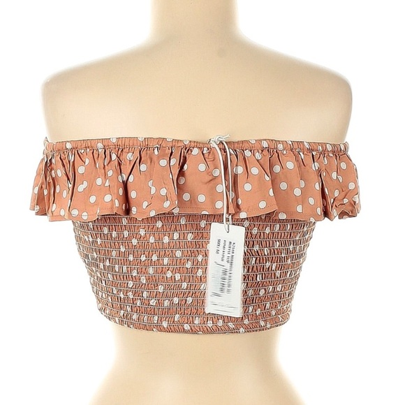 Koy Resort Tan/White Girly Hipster Polkadot Crop Top with Ruffle Detail Sz M - Picture 2 of 4